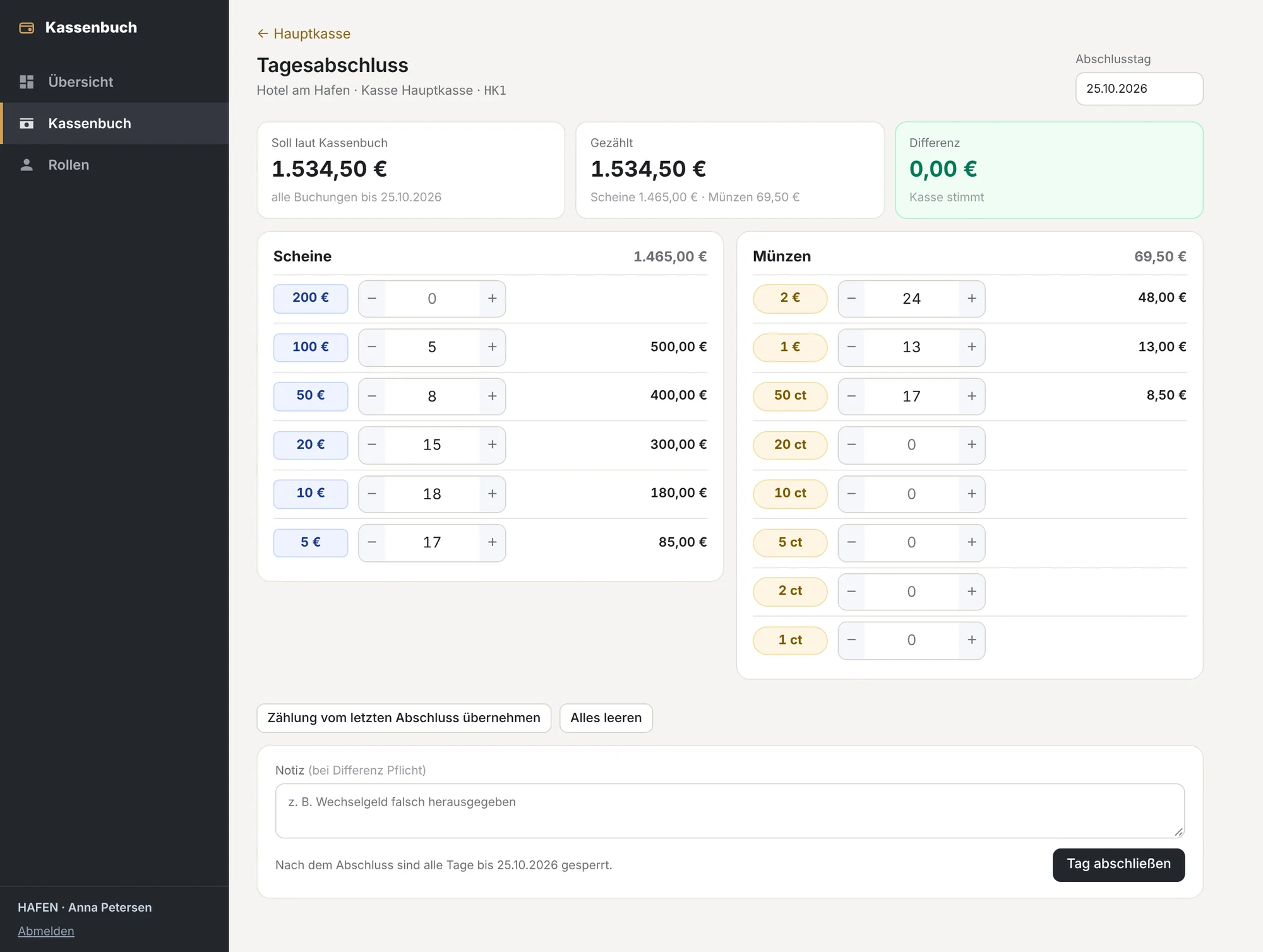 End-of-day closing: count by notes and coins, expected and counted match