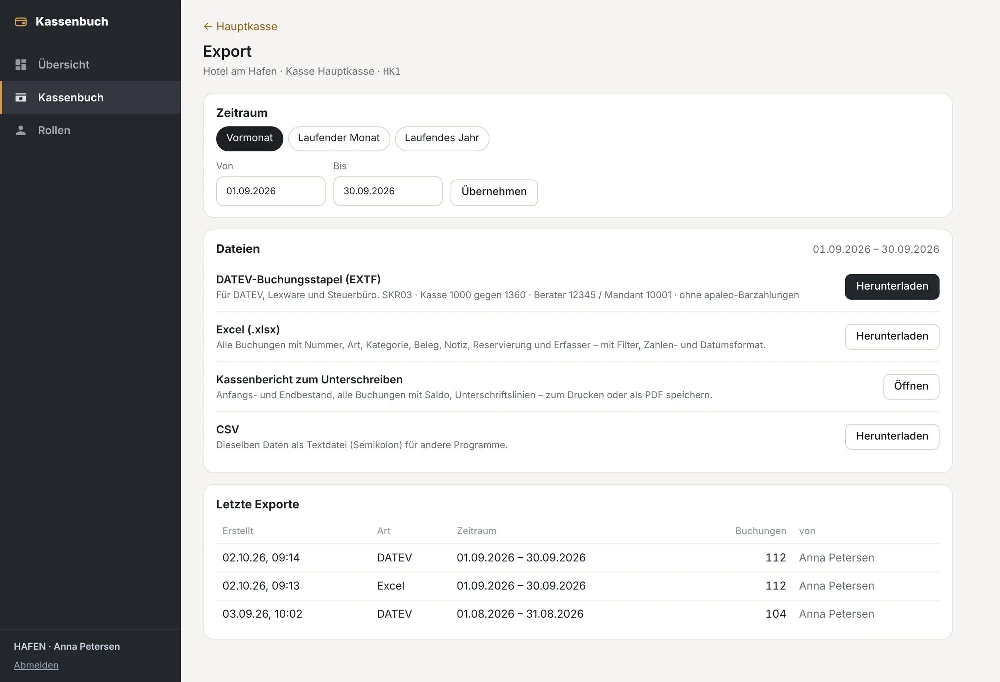 Export page with DATEV batch, Excel, cash report and CSV