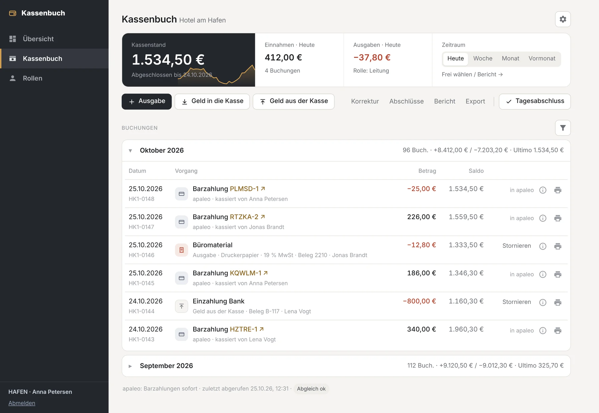 Cash book with cash balance, the day's receipts and expenses, and a list of entries with cash payments from apaleo